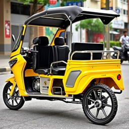 A modern, custom-designed tricycle with a striking yellow paint job and black upholstery seats