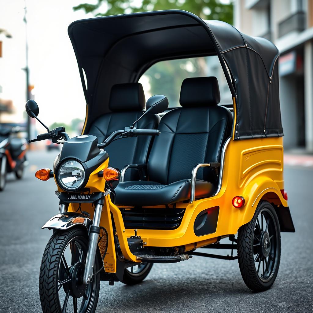 A modern, custom-designed tricycle with a striking yellow paint job and black upholstery seats