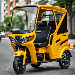 A modern, custom-designed tricycle with a striking yellow paint job and black upholstery seats