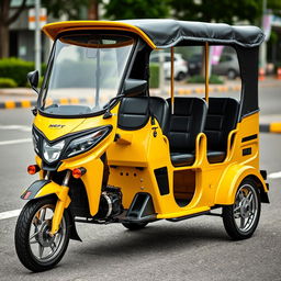 A modern, custom-designed tricycle with a striking yellow paint job and black upholstery seats