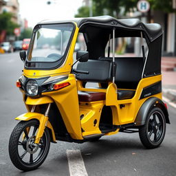 A modern, custom-designed tricycle with a striking yellow paint job and black upholstery seats