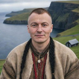 A portrait of a traditional Faroese person dressed in native clothing, with well-defined facial features, standing against the scenic backdrop of the Faroe Islands.