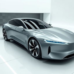 futuristic business class sedan exterior, sleek and aerodynamic shape, cutting-edge materials, ultra-modern LED headlights, smooth chrome accents, advanced aerodynamics, eco-friendly engine design, seamless bodywork, digital side mirrors, large alloy wheels, panoramic glass roof