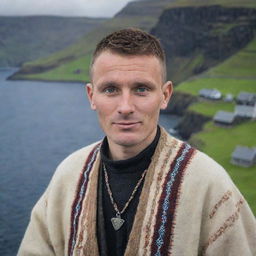 A portrait of a traditional Faroese person dressed in native clothing, with well-defined facial features, standing against the scenic backdrop of the Faroe Islands.