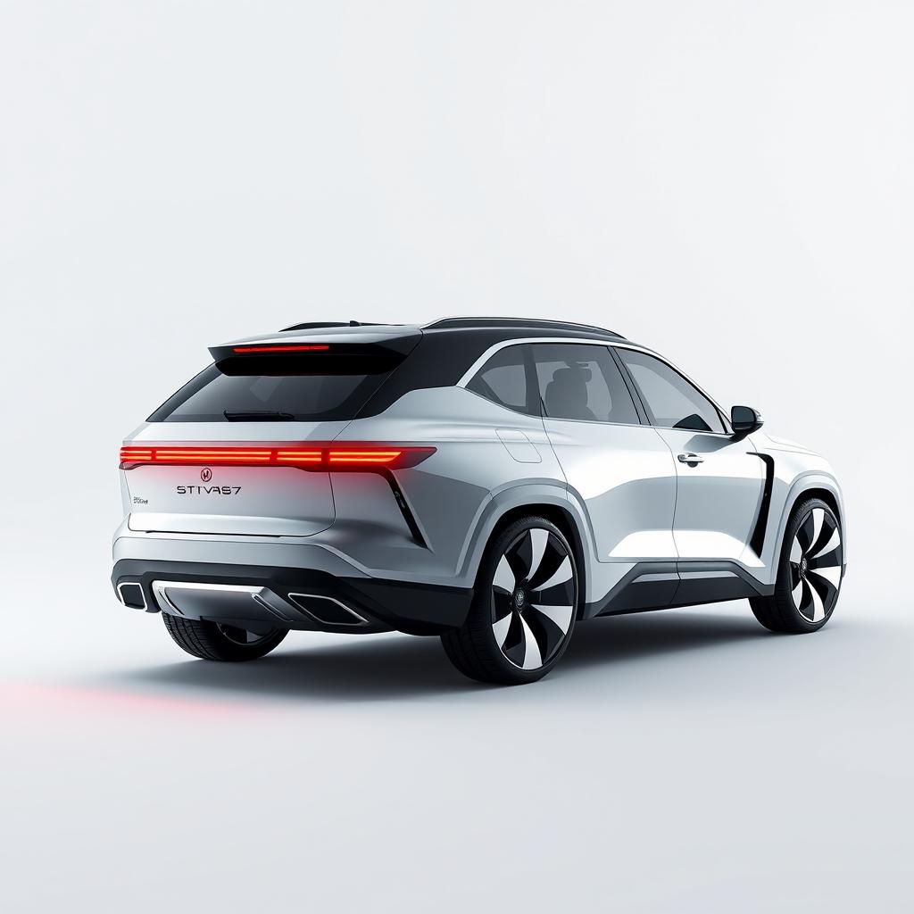 futuristic business class SUV exterior design, year 2050, robust yet sleek body, cutting-edge materials, futuristic LED headlights and taillights, aerodynamic curves, advanced aerodynamics, eco-friendly propulsion system, large chrome-trimmed alloy wheels, seamless integration of technology, digital side mirrors, panoramic sunroof, adaptive exterior lighting, smart sensors integrated throughout bodywork