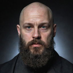 A visually striking portrait of a young, bald dwarf with a long black beard. He has a notably broken nose and his black eyes are bloodshot.