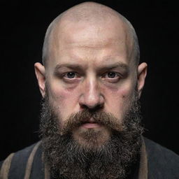 A visually striking portrait of a young, bald dwarf with a long black beard. He has a notably broken nose and his black eyes are bloodshot.