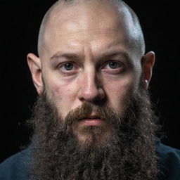 A visually striking portrait of a young, bald dwarf with a long black beard. He has a notably broken nose and his black eyes are bloodshot.