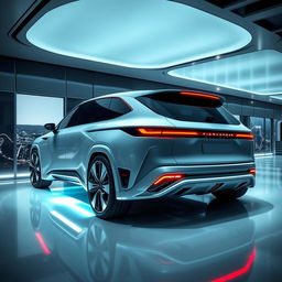 futuristic business class SUV design, featuring a sleek and robust look, innovative and elegant styling, with advanced technologies, futuristic LED headlights and taillights, aerodynamic and sculpted body, eco-friendly hybrid propulsion system, large aerodynamic alloy wheels, digital side mirrors, luxurious and spacious interior visible through panoramic windows, adaptive smart lighting technology, integrated smart sensors