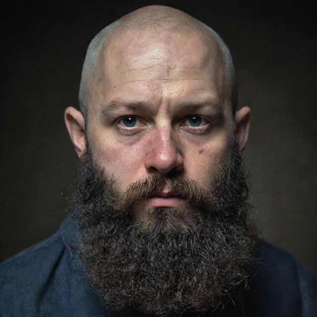 A visually striking portrait of a young, bald dwarf with a long black beard. He has a notably broken nose and his black eyes are bloodshot.