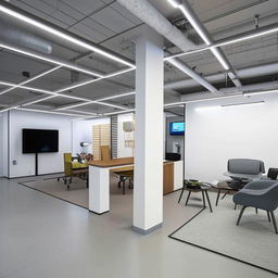 High-tech office design spanning 2500 sqft area, including a 20ft by 30ft video studio, dedicated seating areas for an IT department and a sales team, and an overall seating capacity of 40 employees