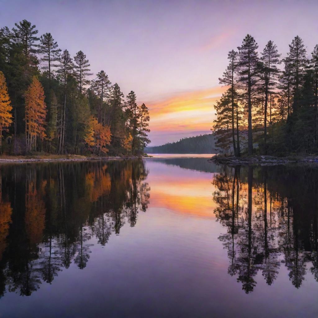 A breathtaking view of a serene lakeside during sunset, with hues of orange, purple, and gold reflecting off the calm waters. Tall, majestic pine trees line the shore, their silhouettes dark against the vibrant evening sky.