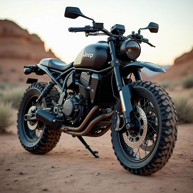 A rugged and adventurous Jeep motorcycle concept, embodying the off-road capability and durability that Jeep is known for