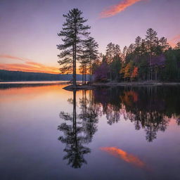 A breathtaking view of a serene lakeside during sunset, with hues of orange, purple, and gold reflecting off the calm waters. Tall, majestic pine trees line the shore, their silhouettes dark against the vibrant evening sky.