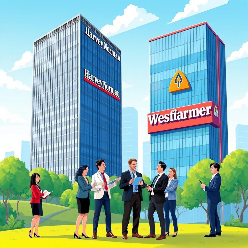 Corporate-themed illustration depicting the acquisition of Harvey Norman Holdings Ltd by Wesfarmers Ltd