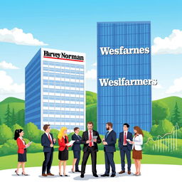 Corporate-themed illustration depicting the acquisition of Harvey Norman Holdings Ltd by Wesfarmers Ltd