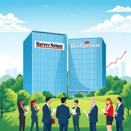 Corporate-themed illustration depicting the acquisition of Harvey Norman Holdings Ltd by Wesfarmers Ltd