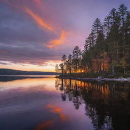 A breathtaking view of a serene lakeside during sunset, with hues of orange, purple, and gold reflecting off the calm waters. Tall, majestic pine trees line the shore, their silhouettes dark against the vibrant evening sky.