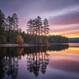 A breathtaking view of a serene lakeside during sunset, with hues of orange, purple, and gold reflecting off the calm waters. Tall, majestic pine trees line the shore, their silhouettes dark against the vibrant evening sky.