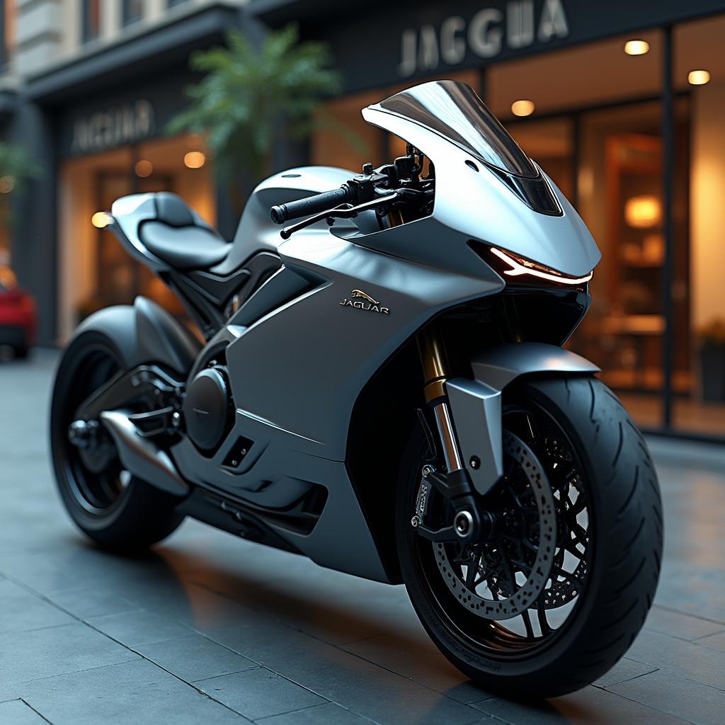 A dynamic and stylish concept image of a Jaguar-branded motorcycle, reflecting the brand's commitment to performance and luxury