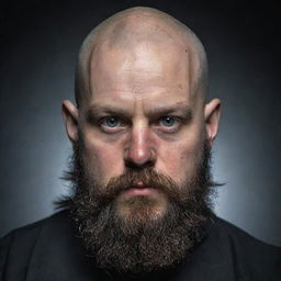 A visually striking portrait of a young, bald dwarf with a long black beard. He has a notably broken nose and his black eyes are bloodshot.