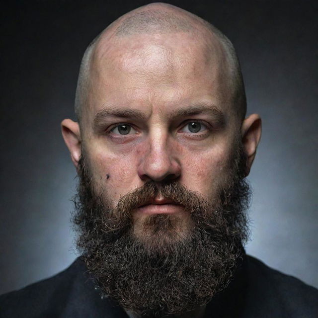 A visually striking portrait of a young, bald dwarf with a long black beard. He has a notably broken nose and his black eyes are bloodshot.