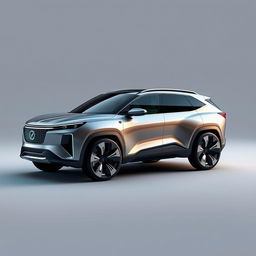 Futuristic SUV design with an emphasis on eco-friendly technology, featuring a streamlined body with smooth, flowing lines and an aerodynamic silhouette