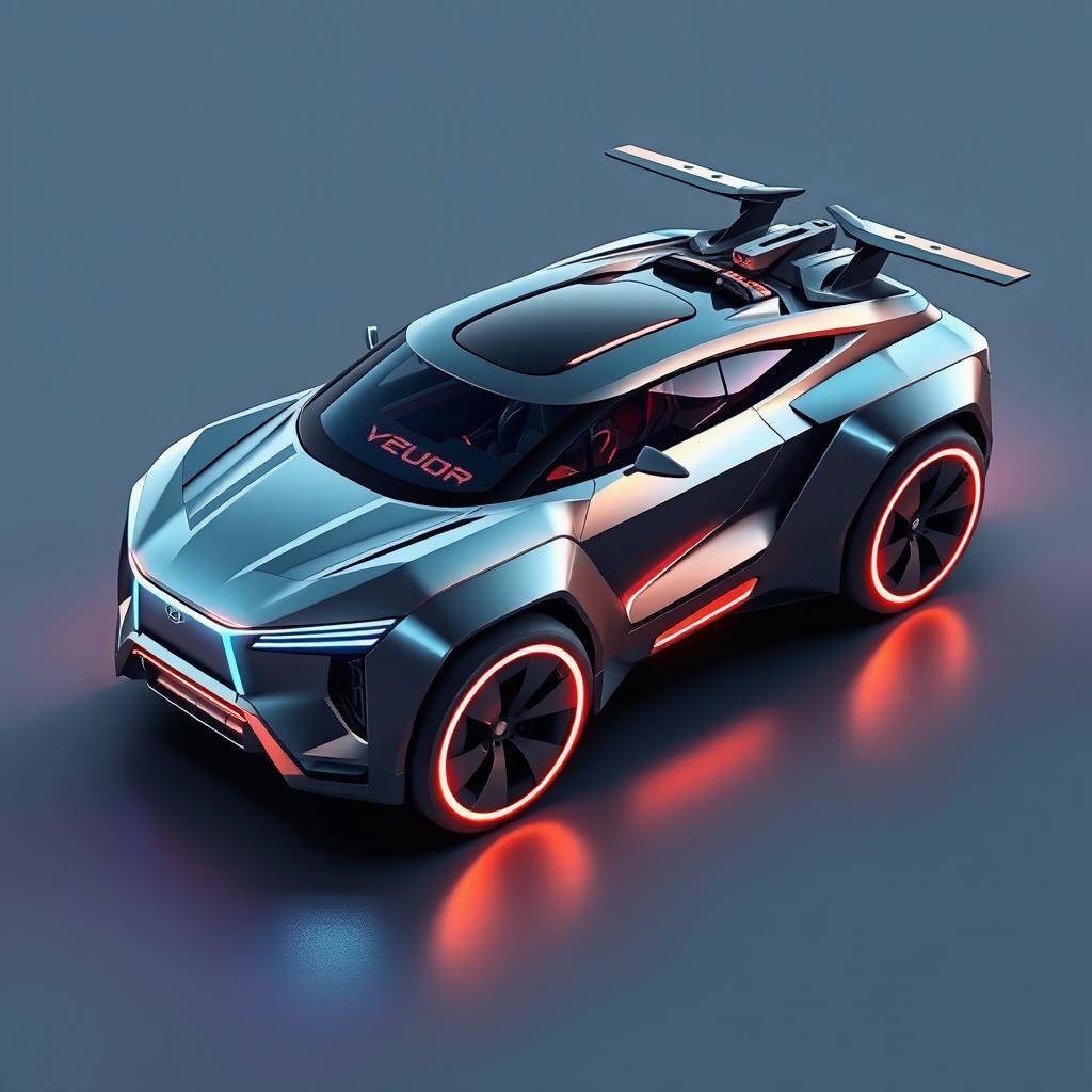 Futuristic flying SUV design, merging elements of advanced aviation with automotive aesthetics