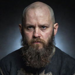 A visually striking portrait of a young, bald dwarf with a long black beard. He has a notably broken nose and his black eyes are bloodshot.