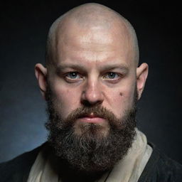 A visually striking portrait of a young, bald dwarf with a long black beard. He has a notably broken nose and his black eyes are bloodshot.