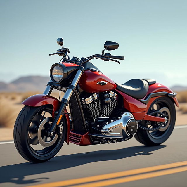 A dynamic concept image of a Chevrolet motorcycle, combining the brand's robust American heritage with a modern twist