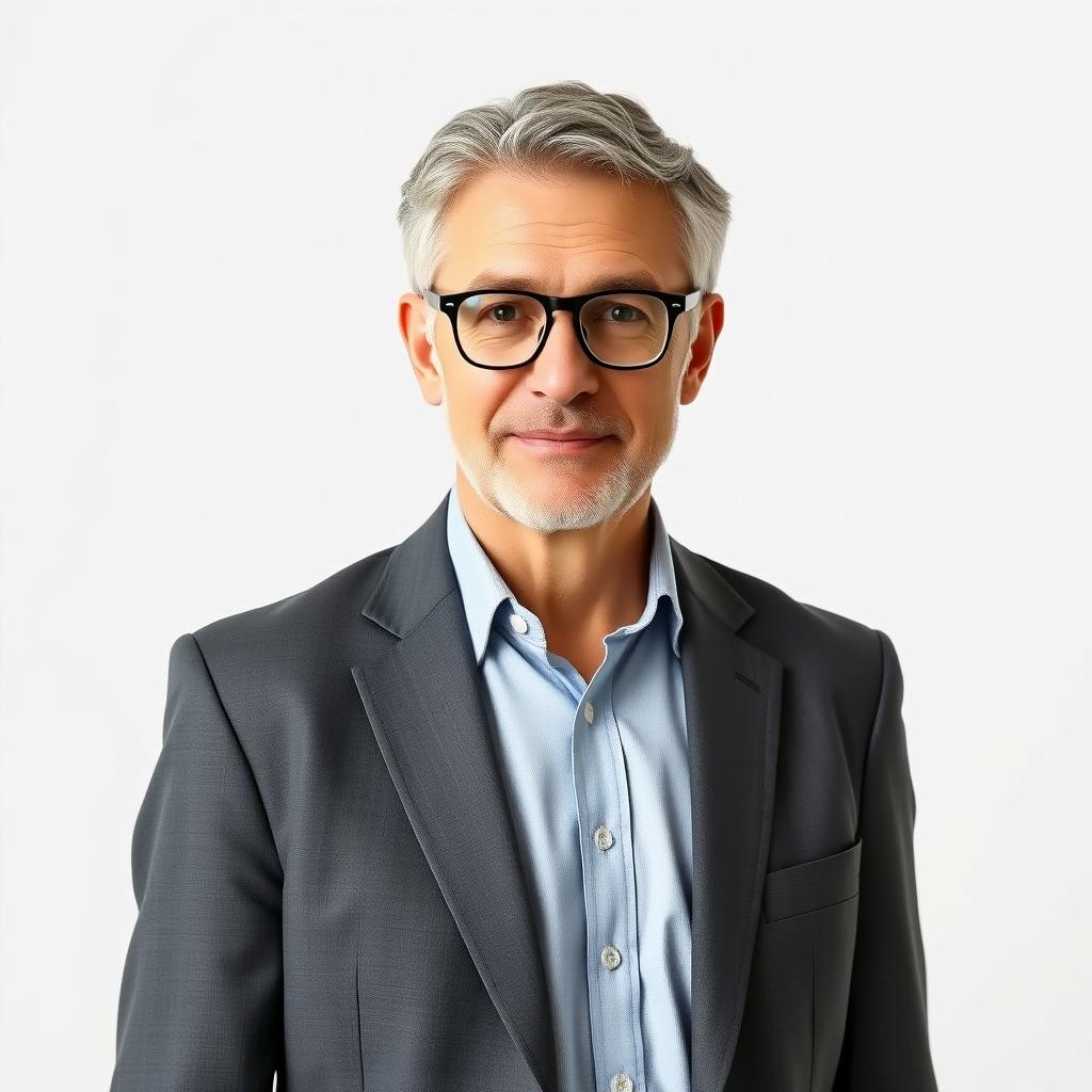 Middle-aged teacher looking very professional, standing against a white background