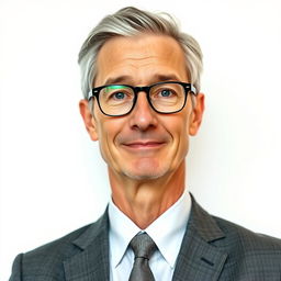 Middle-aged teacher looking very professional, standing against a white background