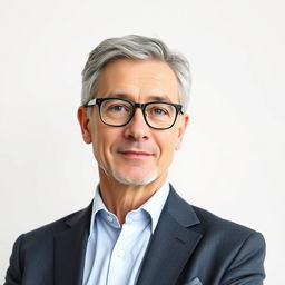 Middle-aged teacher looking very professional, standing against a white background