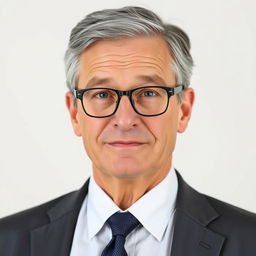 Middle-aged teacher looking very professional, standing against a white background