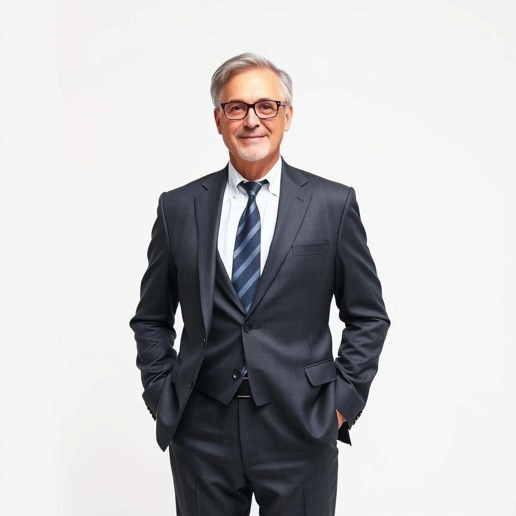 Middle-aged teacher looking very professional, standing in a full-body pose against a white background