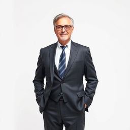 Middle-aged teacher looking very professional, standing in a full-body pose against a white background