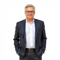 Middle-aged teacher looking very professional, standing in a full-body pose against a white background