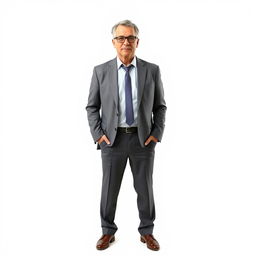 Middle-aged teacher looking very professional, standing in a full-body pose against a white background