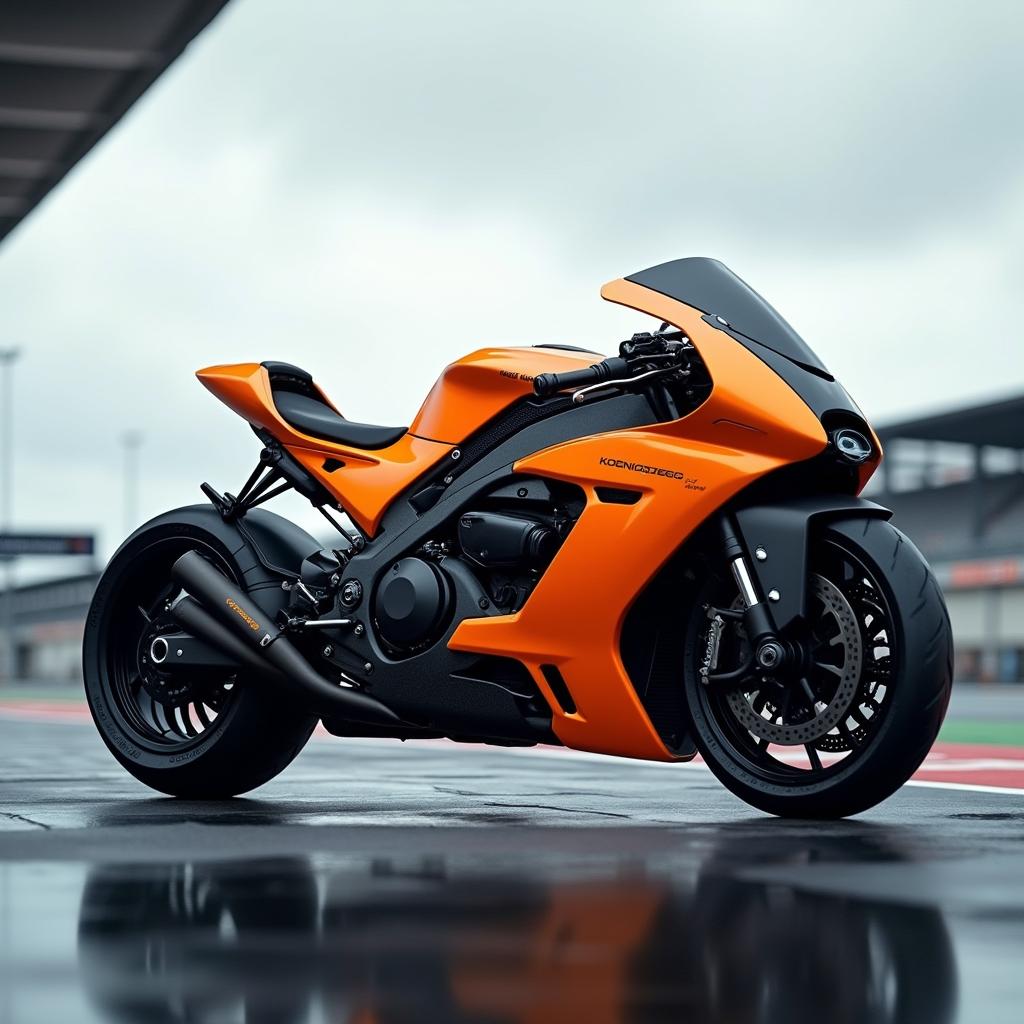 A high-performance concept of a Koenigsegg motorcycle, showcasing cutting-edge engineering and sleek aesthetics