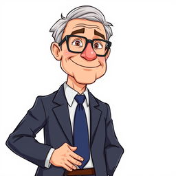 Middle-aged teacher depicted in a cartoon style, looking very professional, standing in a full-body view against a white background