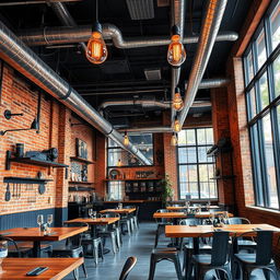 A stylish industrial-themed restaurant interior with modern details