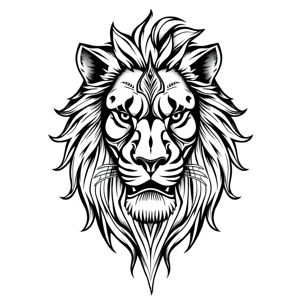 line art tattoo of a powerful, majestic lion's face, with intricate details capturing the fierce expression and flowing mane, elegantly intertwined with tribal patterns