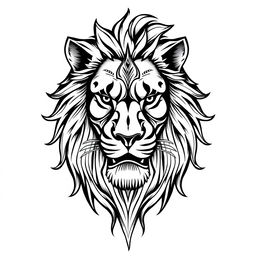 line art tattoo of a powerful, majestic lion's face, with intricate details capturing the fierce expression and flowing mane, elegantly intertwined with tribal patterns