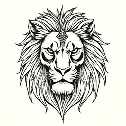 line art tattoo of a powerful, majestic lion's face, with intricate details capturing the fierce expression and flowing mane, elegantly intertwined with tribal patterns