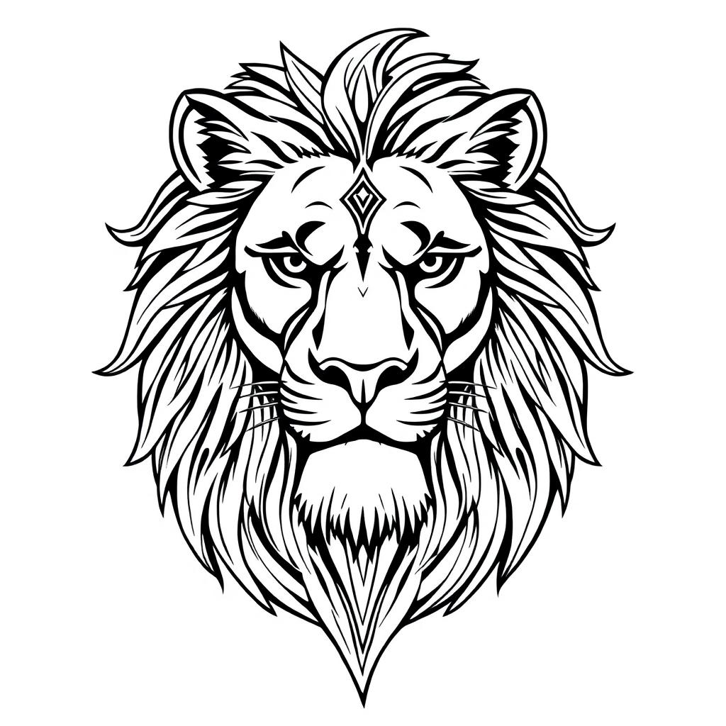 line art tattoo of a powerful, majestic lion's face, with intricate details capturing the fierce expression and flowing mane, elegantly intertwined with tribal patterns