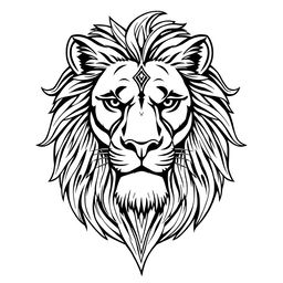 line art tattoo of a powerful, majestic lion's face, with intricate details capturing the fierce expression and flowing mane, elegantly intertwined with tribal patterns