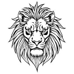 line art tattoo of a powerful, majestic lion's face, with intricate details capturing the fierce expression and flowing mane, elegantly intertwined with tribal patterns