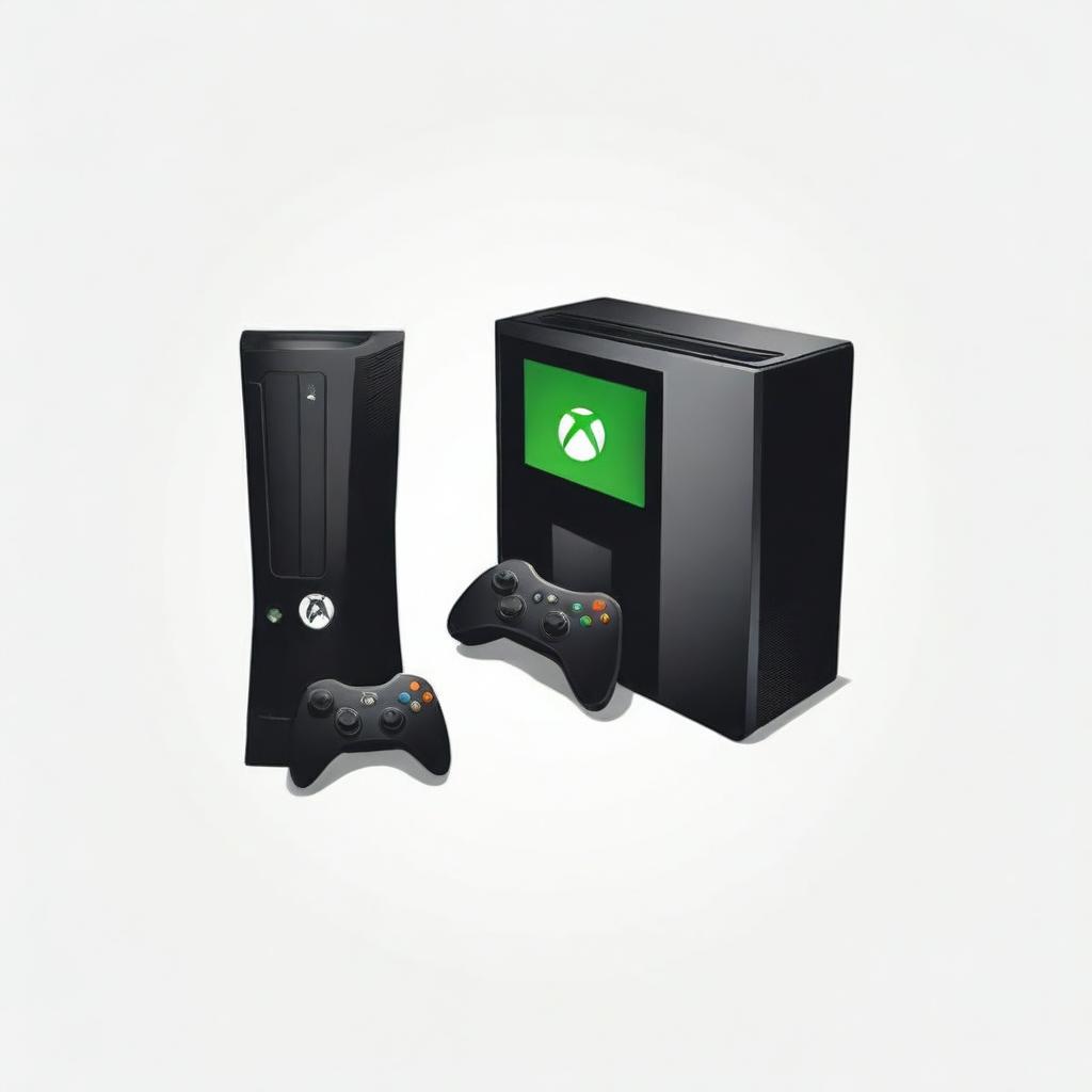 Logo featuring two side-facing arcade cabinets, a centered Xbox 360 Slim console with a front-facing controller, and two gaming CPUs in the background