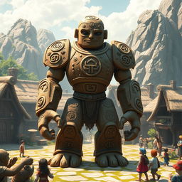 A majestic clay golem embodying the essence of lawful goodness, standing tall in a mystical village square